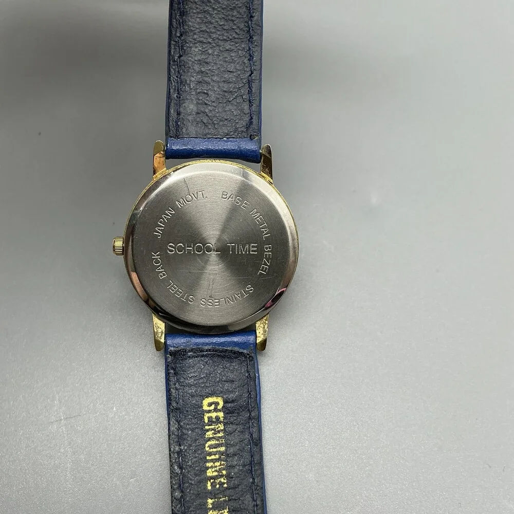 Vintage School Time Womens Watch 28mm Gold Tone Blue Leather Teacher New Battery